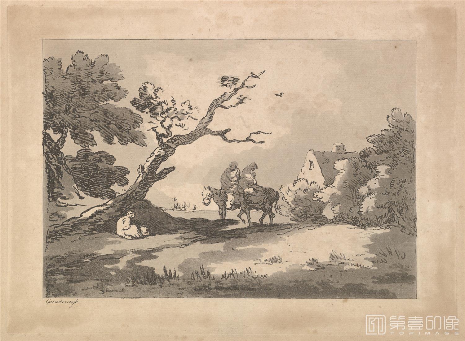 素描-美国纽约大都会美术馆素描藏画-Thomas RowlandsonA Group of Five Donkeys, Three Standing-1596